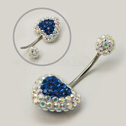 Austrian Crystal Belly Rings, with 316 Stainless Steel and Polymer Clay, Heart, 243_Capri Blue, 30x14x9mm, Pin: 1mm