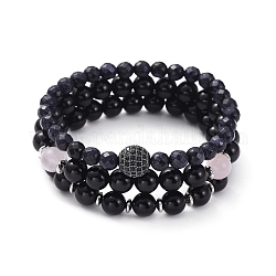 Stretch Bracelet Sets, Natural Black Agate(Dyed) with Natural Rose Quartz Beads/Spacer Beads Beaded Bracelets & Synthetic Blue Goldstone with Brass Cubic Zirconia Beaded Bracelets, with Jewelry Box, Gunmetal & Platinum, 2 inch(51mm), 3pcs/set