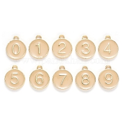 Light Gold Plated Alloy Enamel Charms, Enamelled Sequins, Flat Round with Number, Number 0~9, PeachPuff, 14.5x12x2.5mm, Hole: 1.4mm, 10pcs/set