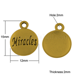 Antique Golden Tibetan Style Message Charms, Lead Free, Flat Round with Word Miracles, 15x12x2mm, Hole: 2mm