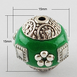 Handmade Indonesia Beads, with Alloy Cores, Round, Antique Silver, Green, 15x15x15mm, Hole: 2mm