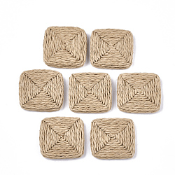 Handmade Woven Beads, Paper Imitation Raffia Covered with Wood, No Hole/Undrilled, Square, BurlyWood, 32~34x32~34x4~5mm