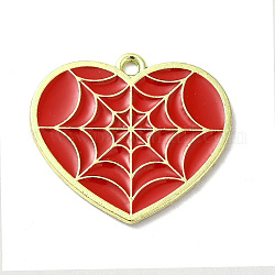 Colgantes de esmalte de aleación, dorado, colgante de corazón con tela de araña, rojo, 22x25x1mm, agujero: 2 mm