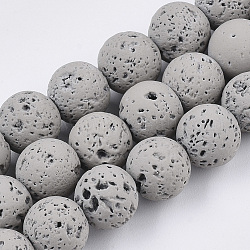 Fili di perle di roccia lavica naturale verniciati a spruzzo, tondo, grigio, 8~9mm, Foro: 0.7 mm, circa 47~48pcs/filo, 15.75 pollice (40 cm)