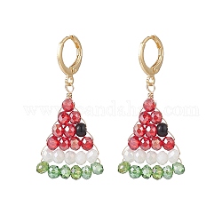 Wassermelonen-Ohrringe mit geflochtenen Perlen aus Glas, Messingdrahtwickelschmuck für Frauen, Farbig, 40 mm, Stift: 0.8 mm