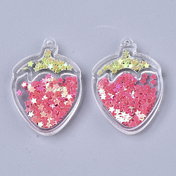 Transparent Acrylic Pendants, with Pailette/Sequins Inside, Strawberry, Hot Pink, 43.5x30x5.5mm, Hole: 1.8mm
