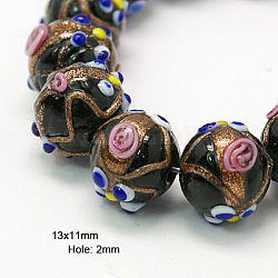 Handmade Gold Sand Lampwork Beads Strands, Rondelle, Black, 13x11mm, Hole: 2mm