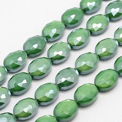 Abalorios de vidrio electroplate hebras, lustre de la perla chapado, oval con facetas, verde, 16x12x7mm, agujero: 1 mm, aproximamente 20 pcs / cadena, 11.8 pulgada