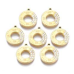 316 Surgical Stainless Steel Charms, with Micro Pave Clear Cubic Zirconia, Ring, Real 14K Gold Plated, 11.5x10x1mm, Hole: 1mm