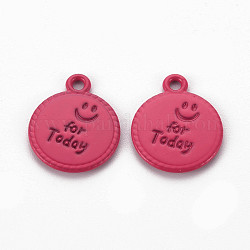 Spray Painted Alloy Pendants, Cadmium Free & Lead Free, Flat Round with Word For Today, Cerise, 17x14x1.5mm, Hole: 1.8mm