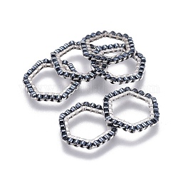 Miyuki & toho perles de rocaille japonaises faites à la main, avec anneaux connecteurs en 304 acier inoxydable, motif de tissage, hexagone, couleur d'argent, gris foncé, 15~15.5x16x1.8~2mm