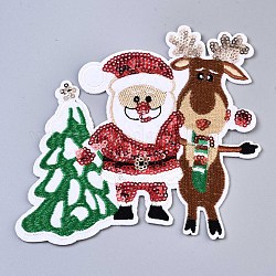 Papá noel y árboles de navidad y apliques de renos, Tela de bordado computarizada para planchar / coser parches, accesorios de vestuario, para la Navidad, colorido, 133x140x1.5mm
