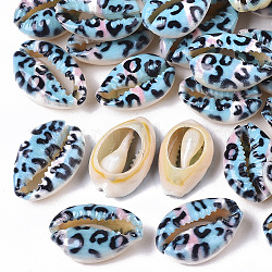 Perles de coquillage cauri naturelles imprimées, pas de trous / non percés, avec motif imprimé léopard, lumière bleu ciel, 18~21x12~15x7mm