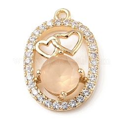Laiton avec pendentifs en verre et strass k9, or clair, ovale avec breloques coeur, cristal de miel, 23x15x5.5mm, Trou: 1.5mm
