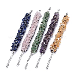 Natural Chip Mixed Stone Bracelets, with Nylon Cord and 304 Stainless Steel Findings, 6-3/4~7-5/8 inch(17~19.5cm)