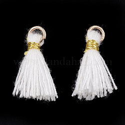 Décorations pendentif pompon en polycoton (coton polyester), mini pompon, avec des accessoires en fer et cordon métallique, or clair, blanc, 10~15x2~3mm, Trou: 1.5mm