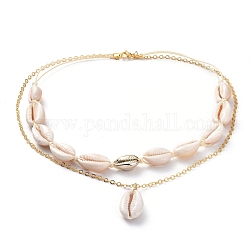 2 geschichtete Halsketten, mit Kaurimuschel Perlen, gewachsten Polyester-Schnur, Kabelketten aus vergoldetem Messing und 304 Karabinerverschluss aus Edelstahl, golden, 18.3 Zoll (46.5 cm)