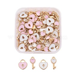 Ciondoli smaltati in lega stile 80 pz, serratura del cuore e chiave, rosa e bianco, oro chiaro, 4mm, Foro: 13~16x7~11x1.5~2.5 mm e 3x4 mm, 1.8pcs / style