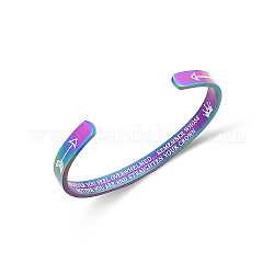 Bracelet manchette en acier inoxydable, flèche avec motif de mot, couleur arc en ciel, diamètre intérieur: 2-1/2 pouce (6.2 cm)
