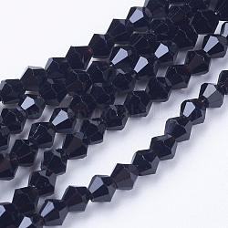 Abalorios de vidrio de bicone negros, facetados, 4x4mm, agujero: 1 mm, aproximamente 88~89 pcs / cadena, 12.99~13.39 pulgada