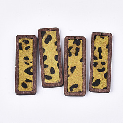 Umweltfreundliche große Anhänger aus Rindsleder, mit gefärbtem Holz, Rechteck mit Leopardenmuster, golden, 56x19x3 mm, Bohrung: 1.2 mm