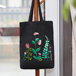 Kit de bordado de bolso de mano con patrón de flores de diy, incluyendo agujas de bordar e hilo, tela de algodón, aro de bordado de plástico, negro, 390x340mm