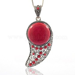 Antique Silver Plated Alloy Magatama Big Pendants with Synthetic Turquoise Flat Round Cabochons, Red, 72x35x9mm, Hole: 9x14mm