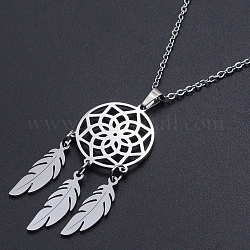 201 Stainless Steel Pendants Necklaces, with Cable Chains and Lobster Claw Clasps, Woven Net/Web with Feather, Stainless Steel Color, 17.71 inch(45cm), 1.5mm