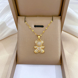 Brass with Rhinestone Bear Pendant Necklaces, with 201 Stainless Steel Chains, Bear, 17.95 inch(45.6cm)