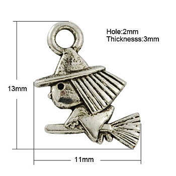Tibetan Style Alloy Pendants, Cadmium Free & Lead Free, Witch, for Halloween, Antique Silver, 13x11x3mm, Hole: 2mm