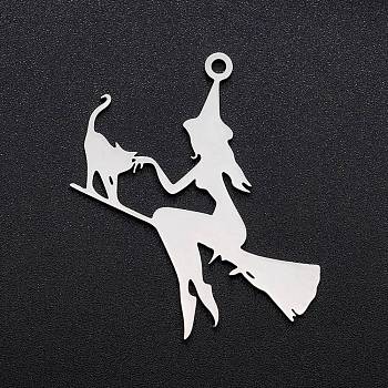 Halloween 201 Stainless Steel Pendants, Laser Cut, Witch with Cat, Stainless Steel Color, 39.5x35x1mm, Hole: 2mm