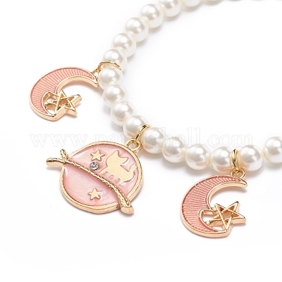 Moon & Star Gold Stretch Bracelet in Pink Enamel