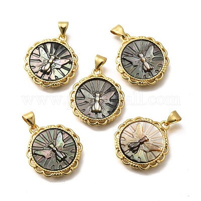 Латунь с резными подвесками из натуральных ракушек KK-Z091-01G-01-1