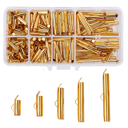 Pandahall 100 piezas/juego de tapas de latón dorado con extremo deslizante de 5 tamaños de tubos de cierre deslizante para hacer collares y joyas 