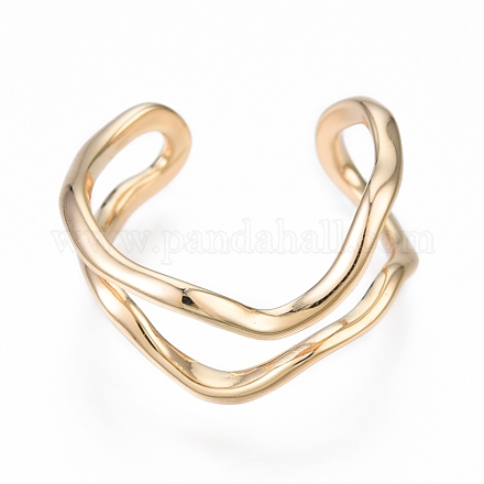 Brass Double Line Wave Open Cuff Ring for Women RJEW-T001-89G-1