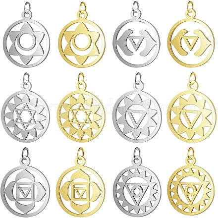 BENECREAT 12Pcs Chakra Energy Charms 12 Mixed Style 304 Stainless Steel Pendants(22.5x19x1mm) for Necklace Bracelet Crafting STAS-BC0002-80-1