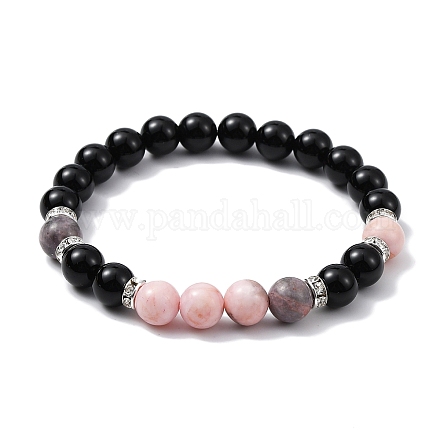 Bracelet extensible en perles rondes en jaspe zèbre rose naturel et onyx noir BJEW-TA00427-01-1