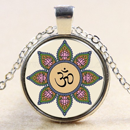 Flat Round with India Yoga Glass Alloy Pendant Necklaces NJEW-N0051-050D-02-1