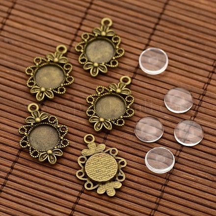 Vintage Tibetan Style Alloy Flower Pendant Cabochon Bezel Settings and Transparent Flat Round Glass Cabochons DIY-X0231-AB-NF-1