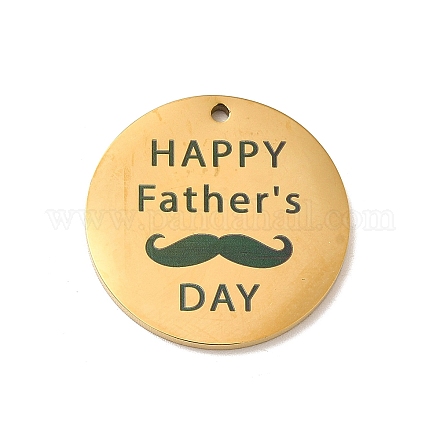 父の日のテーマ 304 ステンレス ペンダント  幸せな父の日とひげとフラット ラウンド  ゴールドカラー  25x1.5mm  穴：1.6mm STAS-E171-02G-1