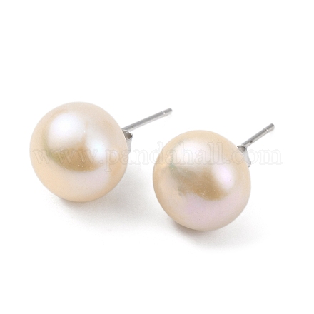 Orecchini a bottone con perle rotonde di perle naturali EJEW-E298-01G-02P-1