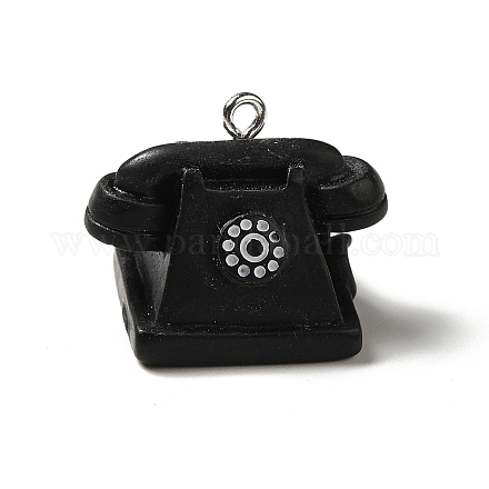 不透明樹脂ペンダント  プラチナトーンの鉄ループ付き  電化製品チャーム  ブラック  電話模様  18.5x24.5x16.5mm  穴：2mm RESI-A019-02D-1
