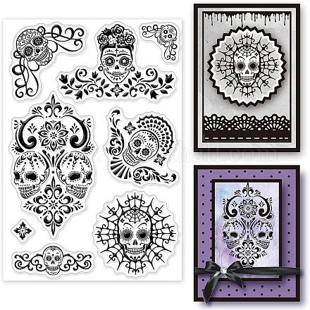 GLOBLELAND Halloween Clear Stamps Skeleton Skull Lace Corner Silicone Clear Stamp Seals for Cards Making DIY Scrapbooking Photo Journal Album Decoration DIY-WH0167-56-903-1