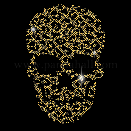 SUPERDANT Halloween Skull Iron on Rhinestone Heat Transfer T-Shirt Yellow Leopard Print Crystal Decor Clear Bling DIY Patch Clothing Repair Hot Fix Applique for Clothing Vest Shoes Hat Jacket DIY-WH0303-095-1
