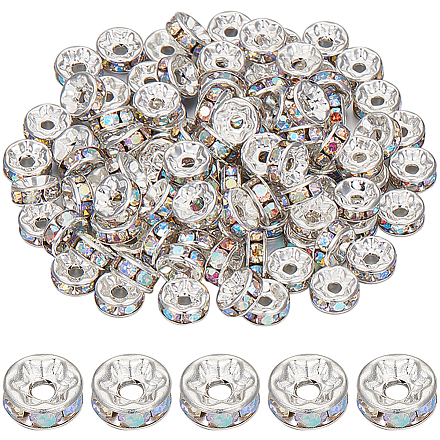 SUNNYCLUE 1 Box 200PCS 8mm Rondelle Spacer Beads Rhinestone Round Crystal Charms Silver Ab Color Czech Silver Metal Round Shiny Plated Loose Beads for Jewelry Making Chain Beading DIY Supplies FIND-SC0007-06-1