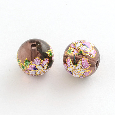 Flower Picture Transparent Glass Round Beads GFB-R004-14mm-P13-1