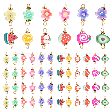 PandaHall 72pcs Flower Fruit Polymer Clay Charm 12 Styles Connector Link Charms Watermlon Strawberry Avocado Cute Spacer Beads With Brass and 304 Stainless Steel Findings for Boho Jewelry Making FIND-PH0003-11-1
