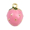 Brass Enamel Charms, Strawberry Charms, Rack Plating, Long-Lasting Plated, Cadmium Free & Lead Free, Real 18K Gold Plated, Pink, 13.5x9.5mm, Hole: 1.4mm