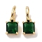 Real 18K Gold Plated Brass Rectangle Dangle Hoop Earrings, with Square Glass, Dark Green, 20.5x9mm