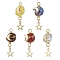 5Pcs 5 Styles Synthetic Moonstone & Imperial Jasper & Natural Tiger Eye & Carnelian(Dyed & Heated) & Yellow Jade Round Copper Wire Wrapped Planet Pendants, with 201 Stainless Steel Star & CCB Plastic Moon, Golden, 31x13.5x10.5mm, Hole: 1.8~2.3mm, 1pc/style